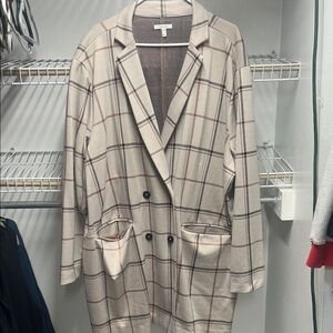 Maurices Cream Plaid Double-Breasted Blazer with Brown and Red Lines
